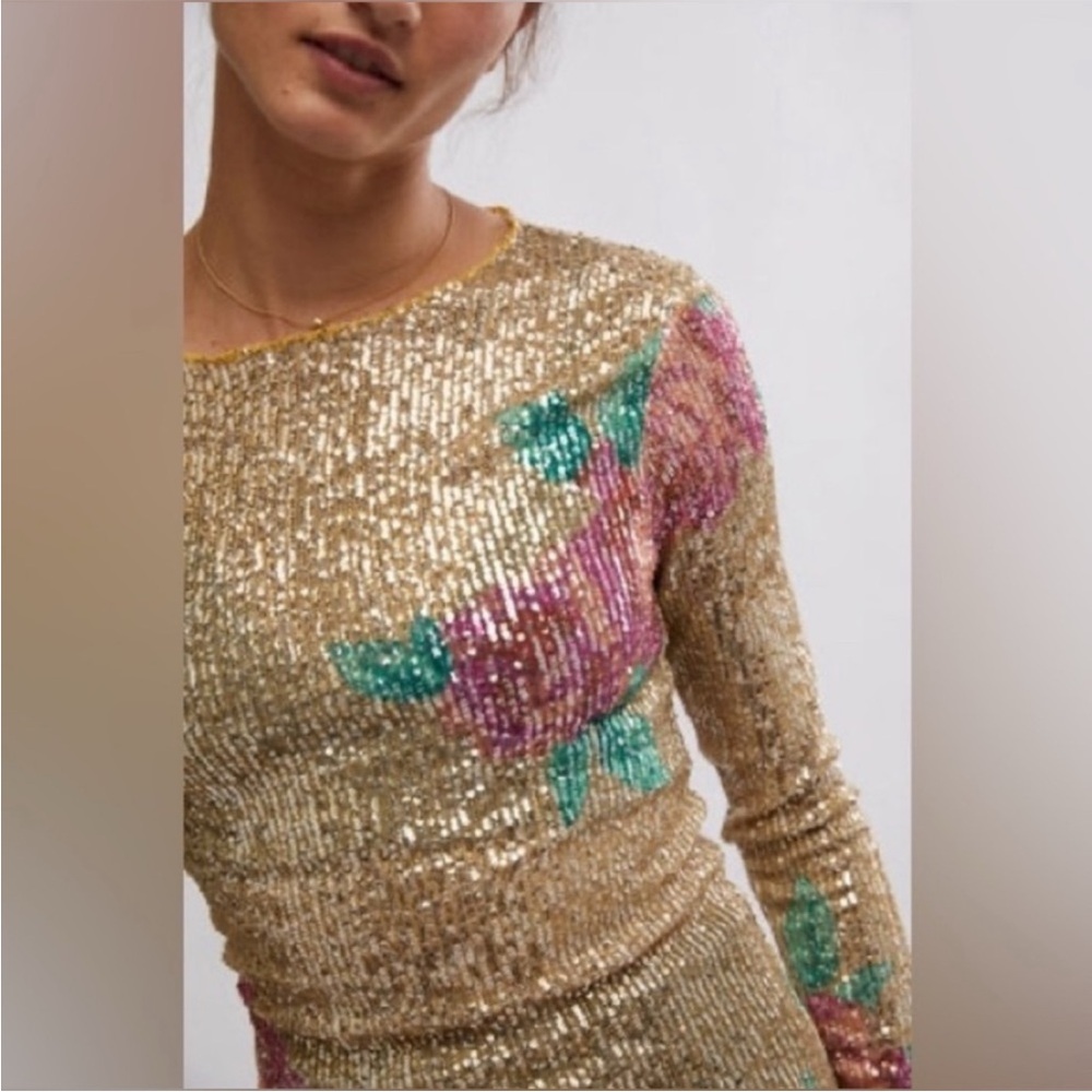 FREE PEOPLE PRINTED GOLD RUSH FLORAL LONG SLEEVE CREW NECK TOP SIZE SMALL NWT - Picture 2 of 12